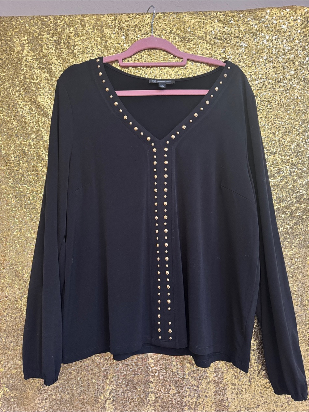 Good Condition Black Slinky Gold Studs INC International Concepts XXL Top Blouse
